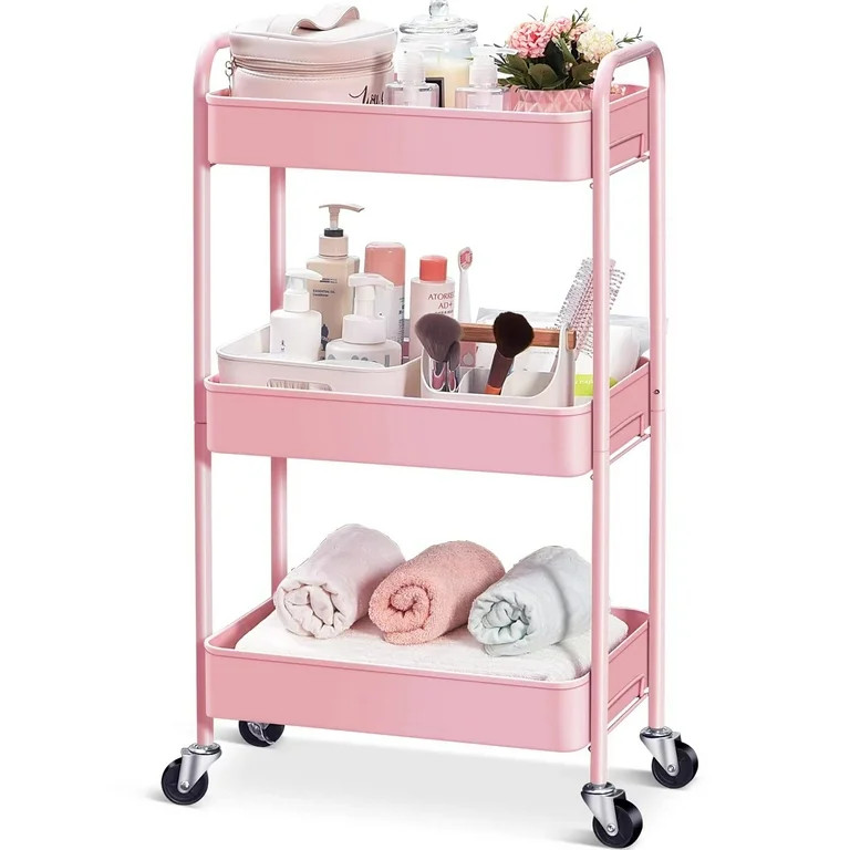 KK KINGRACK 3-Tier Rolling Cart, Metal Utility Cart with Wheels ,Office School Organizer, Pink | Walmart (US)
