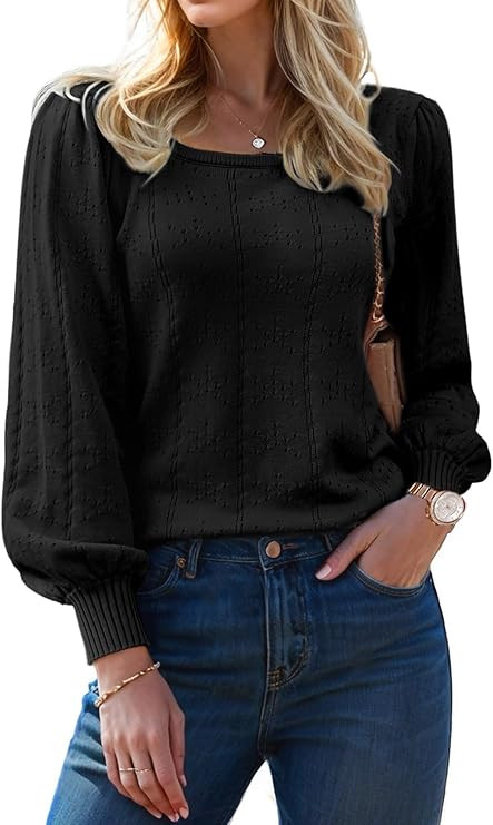XINWEZZ Womens Sweaters Fall 2024 Casual Puff Long Sleeve Square Neck Cozy Knitted Pullover Sweat... | Amazon (US)