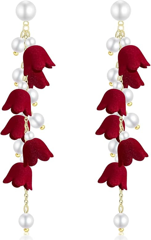 Bohemian Cute Flocking Red Flower Tassel Chain Dangle Drop Earrings Dainty Lily of The Valley Flo... | Amazon (US)
