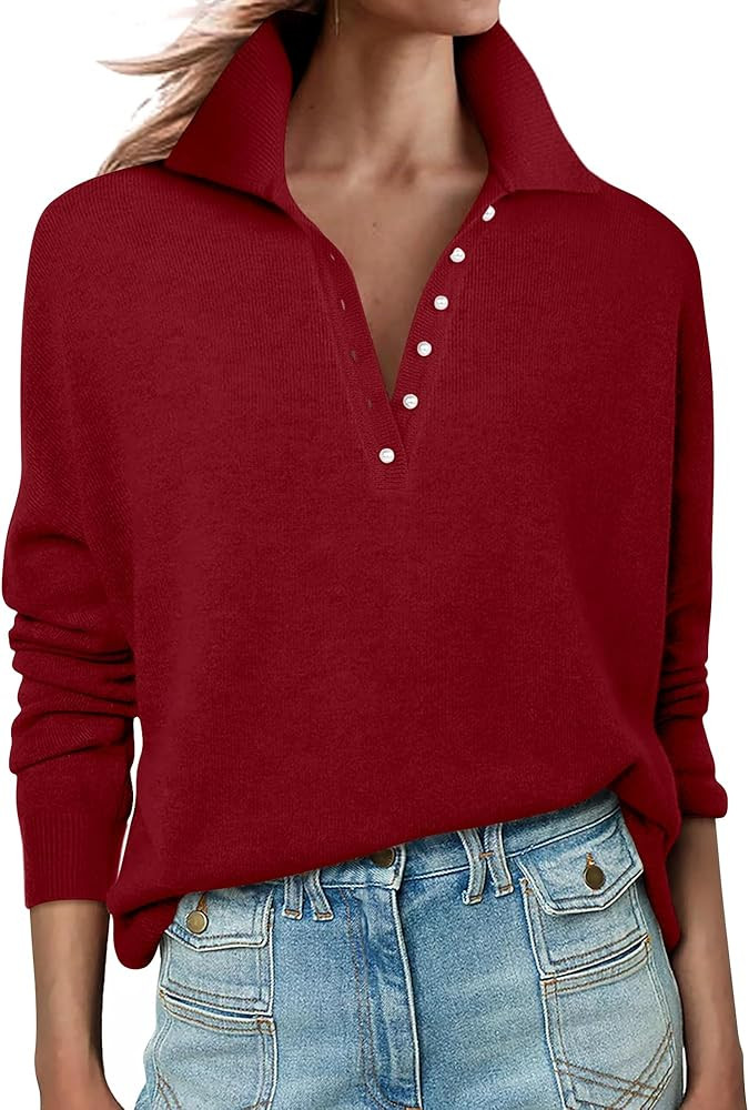 ANRABESS Womens Long Sleeve Polo Sweaters Knit Button Shirt Lightweight Dressy Casual Basic Pullo... | Amazon (US)