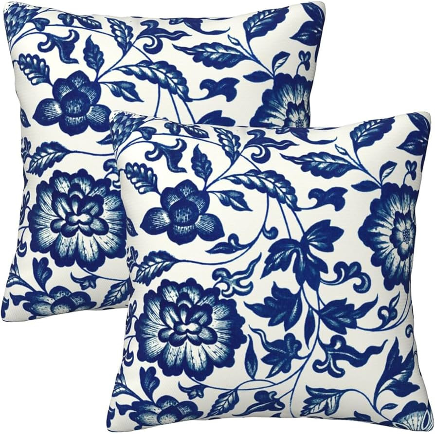 Blue Floral Pillow Covers 20x20 inch Set of 2 Chinoiserie Velvet Pillow Cases Flower Decorative C... | Amazon (US)