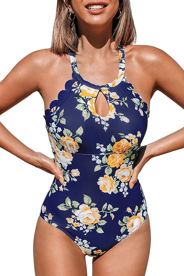 CUPSHE Women's One Piece Swimsuit Floral Print High Neck Scallop Bathing Suit | Amazon (US)