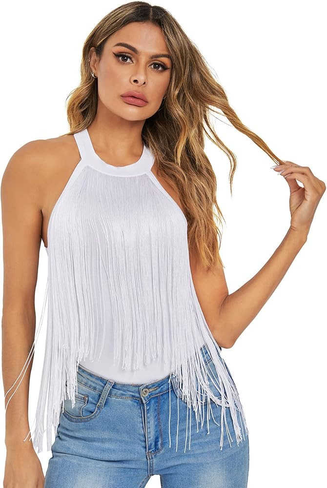 Verdusa Women's Fringe Trim Sleeveless Bodycon Halter Bodysuit Top | Amazon (US)
