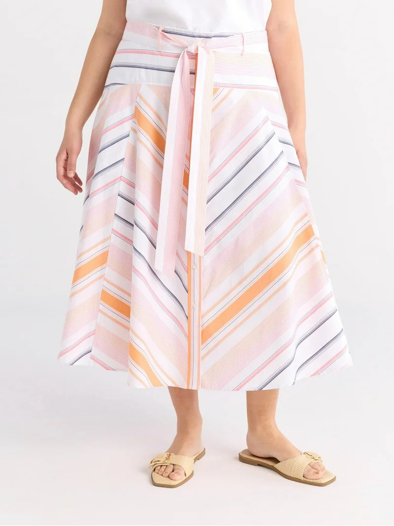 Free Assembly Women's and Women's Plus Size Belted Button Front Cotton Midi Skirt, XS-4X | Walmart (US)