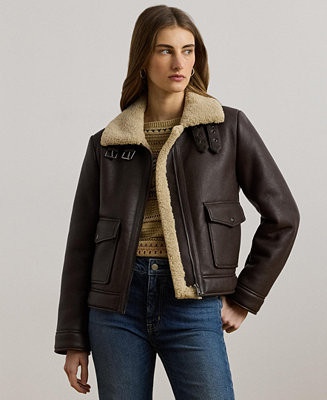 Lauren Ralph Lauren Women's Fleece-Collar Faux-Leather Jacket - Macy's | Macy's
