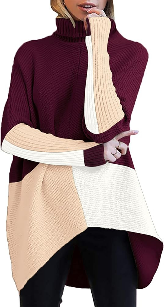 ANRABESS Womens Turtleneck Oversized Sweater 2023 Long Batwing Sleeve Asymmetric Hem Casual Knit ... | Amazon (US)