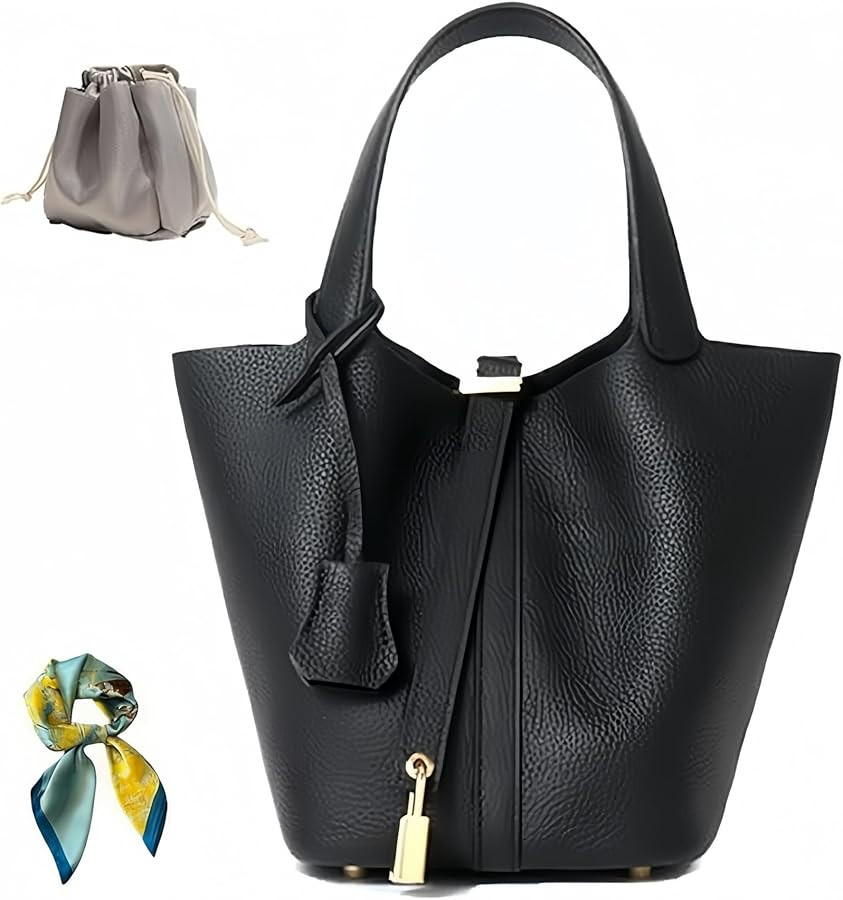 Genuine Leather Bucket Bag for Women: Lock Design Shoulder Handbag Versatile Top-Handle Tote Fash... | Amazon (US)