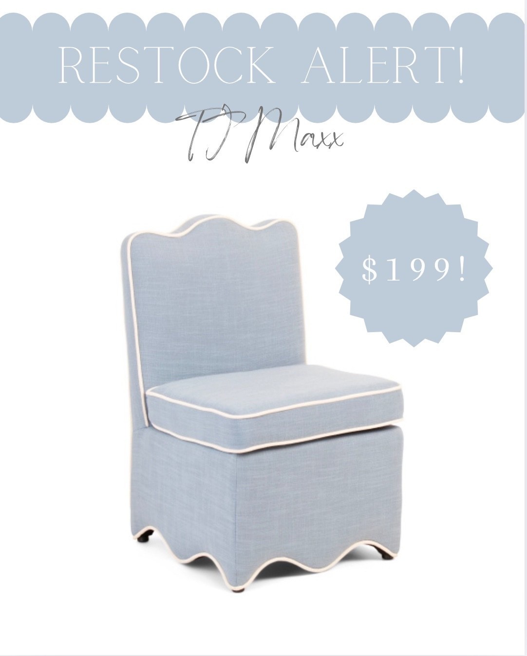This scalloped Society Social look alike chair is back in stock!! These sold out in hours the last time they were in stock so if you love it check out fast!!

coastal dining chair, coastal accent chair, coastal decor, beach house decor, beach decor, coastal home decor, coastal decorating, coastal interiors, coastal house decor, beach style, neutral home decor, modern traditional, traditional home decor,  hamptons style, Nantucket style, classic coastal, timeless, blue & white home decor, coastal grandmillennial, coastal grandmother, Nancy Meyers style

#LTKSaleAlert #LTKStyleTip #LTKHome