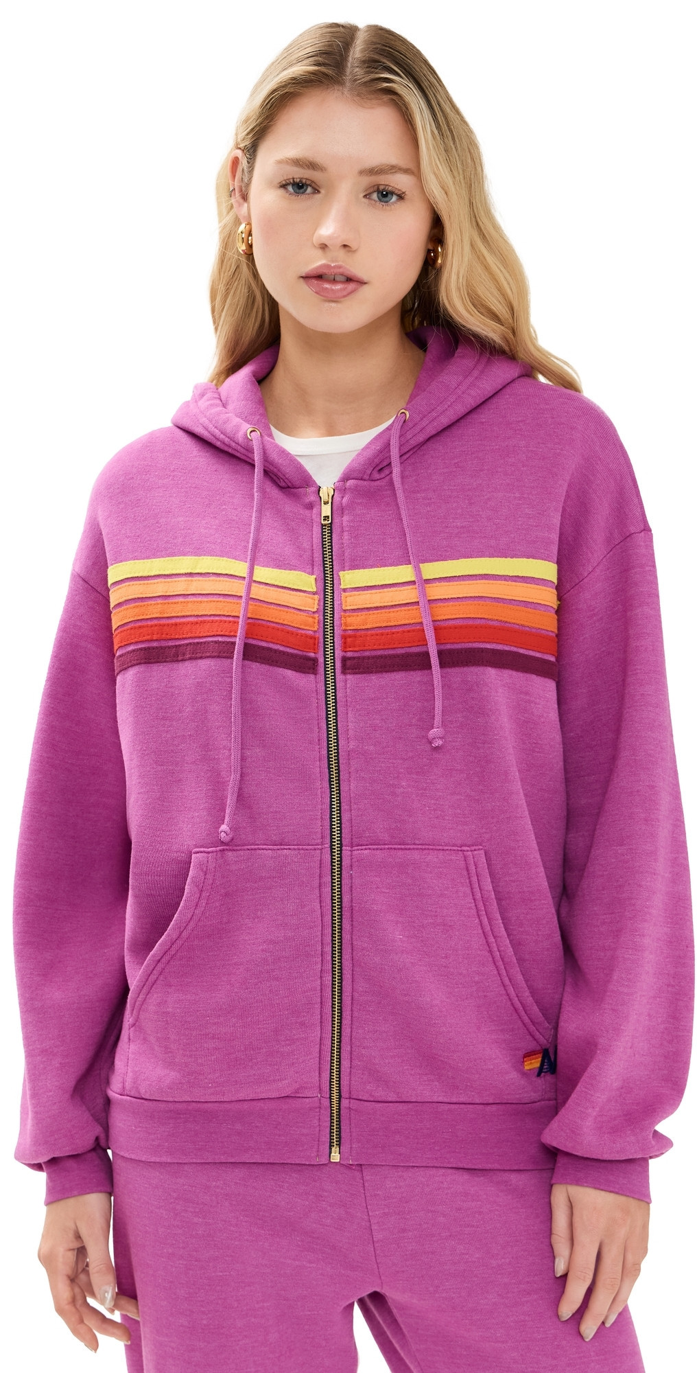 Aviator Nation 5 Stripe Zip Hoodie Relaxed Magenta/Orange Yellow M | Shopbop