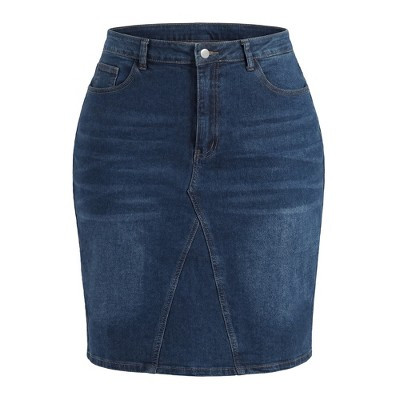Women's Plus Size High Waist Stretch Jean Casual Midi Denim Pencil Skirt with Pockets - Agnes Orinda 4X Dark Blue | Target