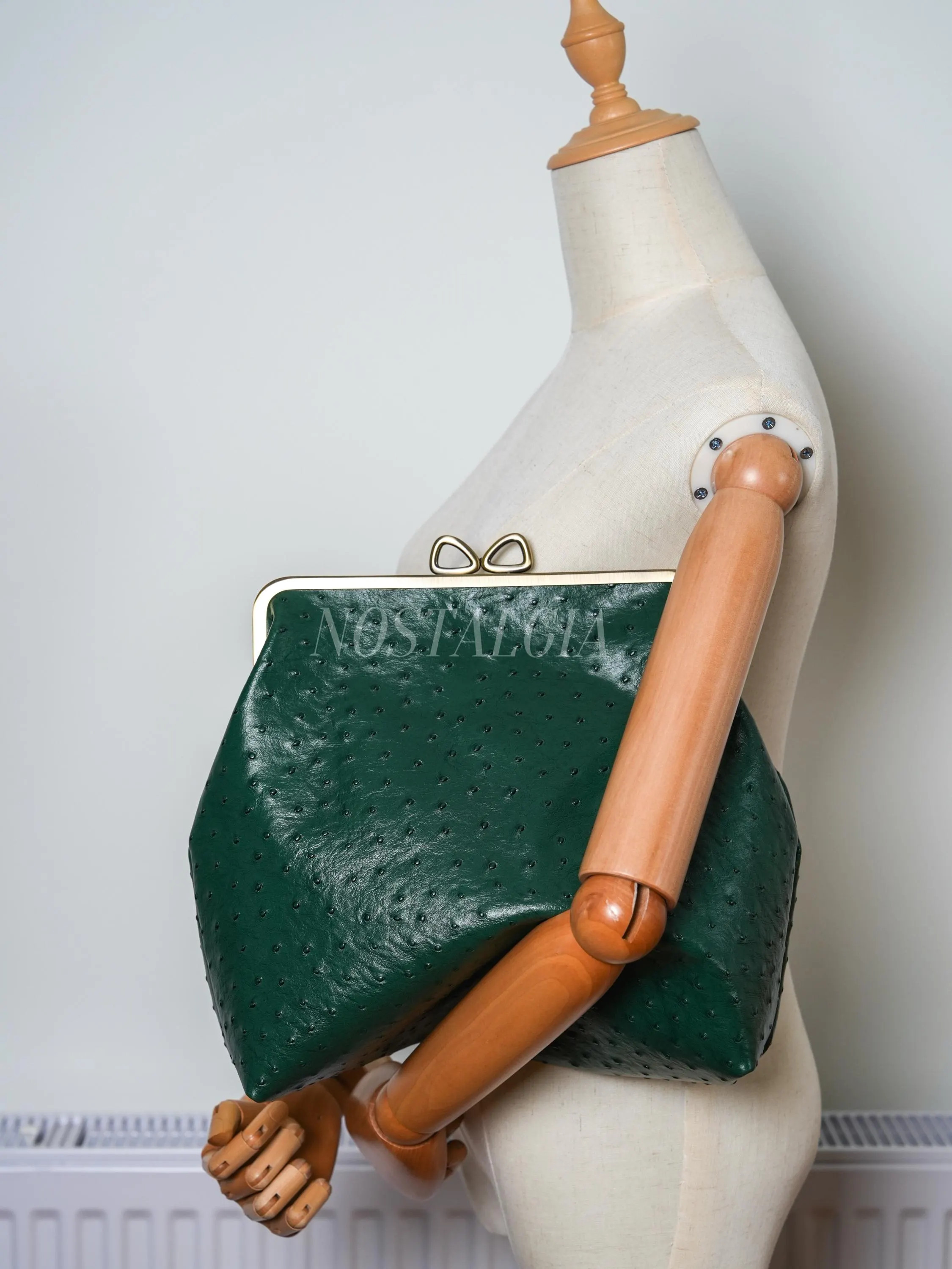 Retro Green Embossed ostrich Leather oversize clutch Kiss Lock crossbody Bag gift for her | Etsy (Global)