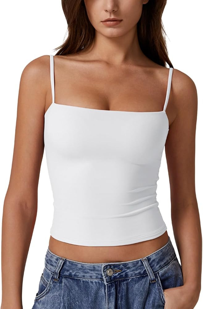 QINSEN Women's Double Lined Basic Tank Top Adjustable Spaghetti Straps Sleeveless Camisole Shirts | Amazon (US)