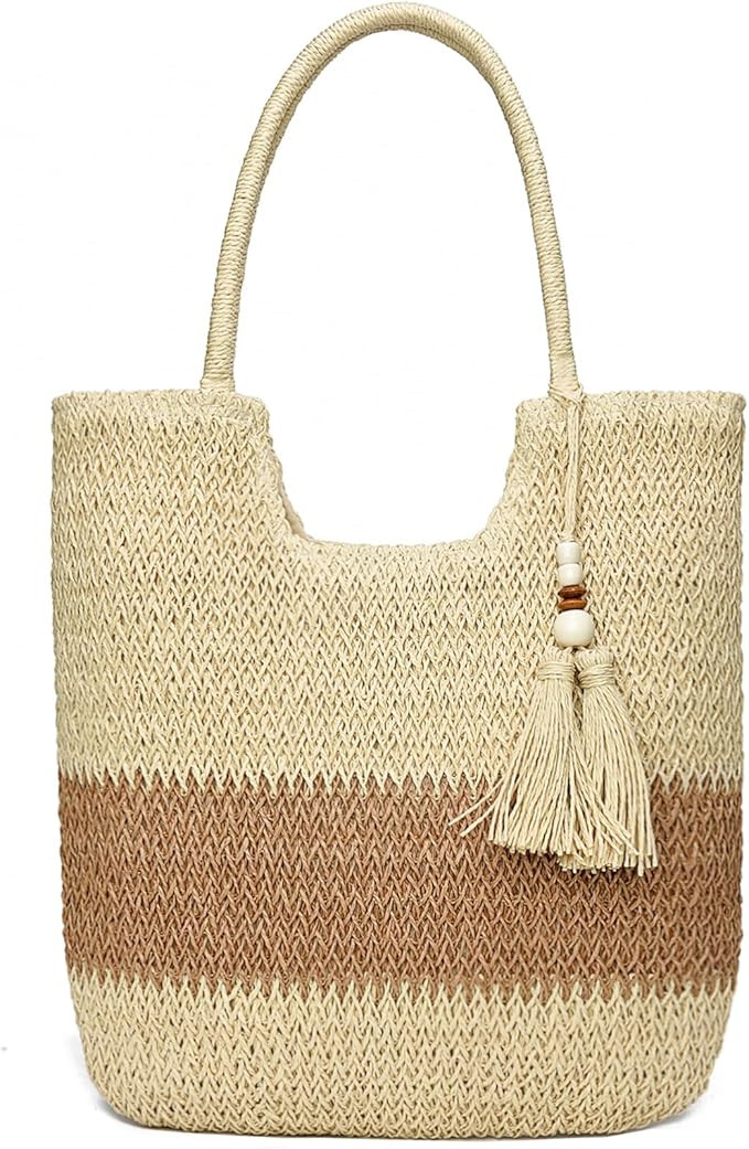 Straw Beach Bags for Women Woven Beach Tote Bag Casual Boho Large Shoulder Handbags Purse for Vac... | Amazon (US)