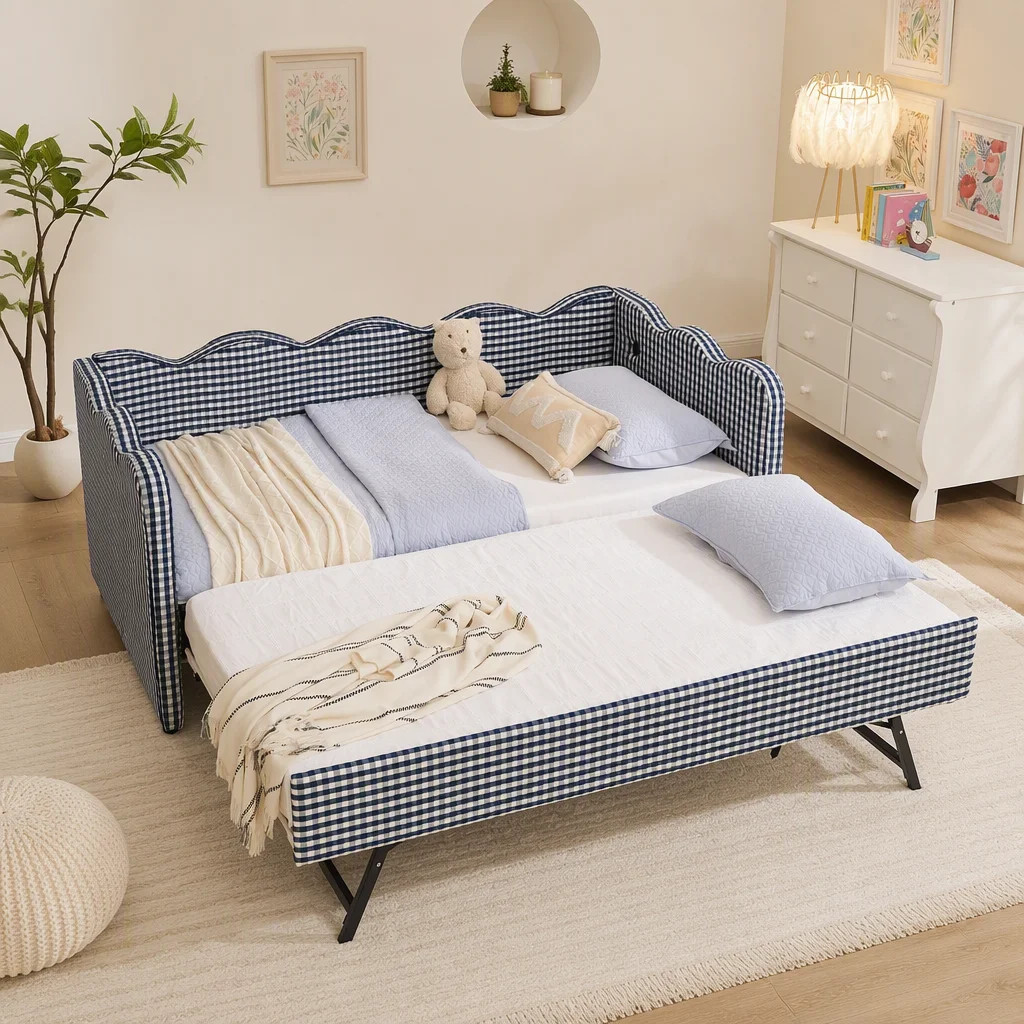 Cozy Gingham Daybed With Trundle Twin Size Sofa Bed No Box Spring Needed, With USB Port And Adorable Wave Shaped, Linen Fabric | Wayfair North America