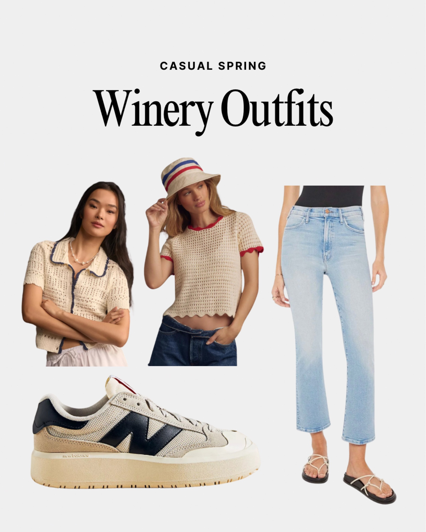 Casual wine tasting outfit for springtime in Napa! Loving crochet short sleeve sweaters, mother denim, and of course, new balance sneaks ✨

#LTKSeasonal #LTKtravel #LTKstyletip
