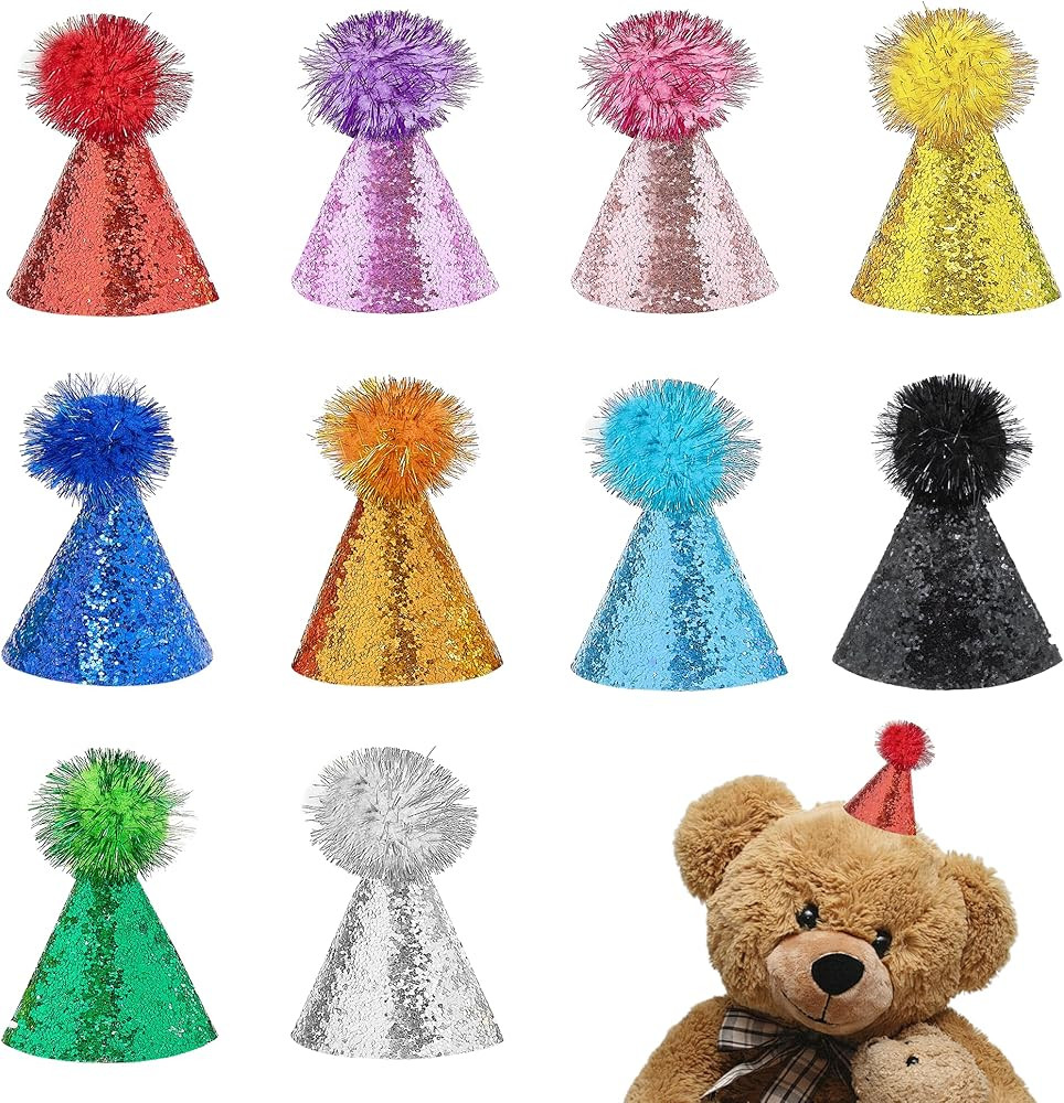 Mini Birthday Party Hats for Stuffed Animals Toys Tiny Cone Party Hats with Pom Poms Glitter Part... | Amazon (US)