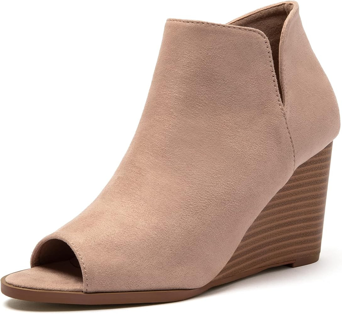 Katliu Women's Wedge Heel Booties Peep Toe Ankle Boots Side Zipper Suede Ankle Boots | Amazon (US)
