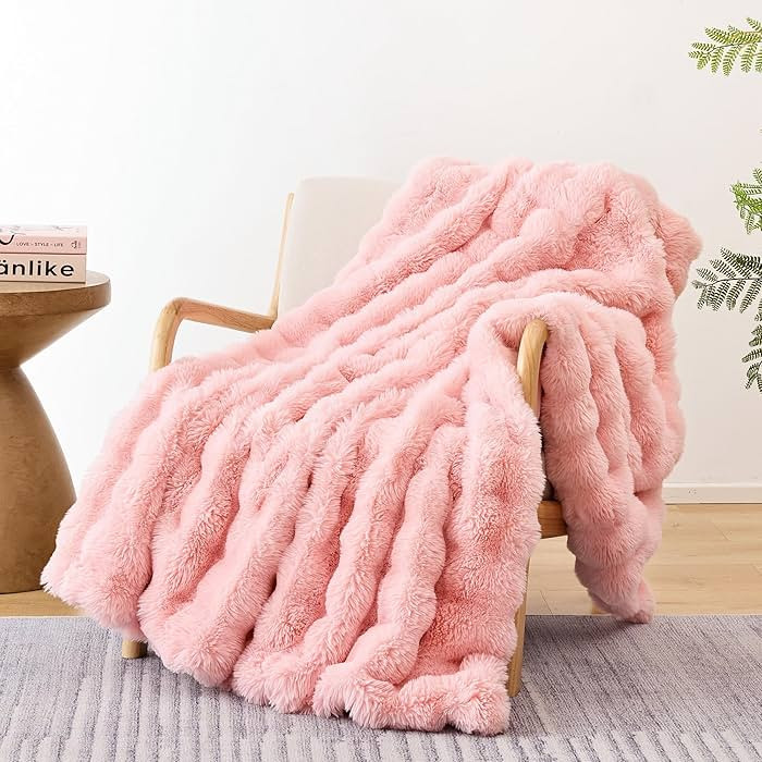 Smoofy Faux Fur Throw Blanket for Couch – Blush Pink Fluffy Cozy Rabbit Fleece, Plush Soft Bubb... | Amazon (US)