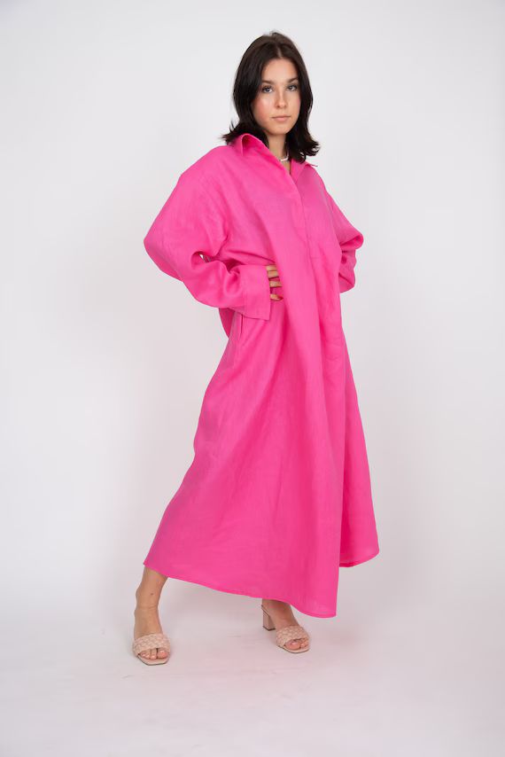 Fuchsia Linen Dress/linen Shirt Dress/oversized Shirt | Etsy | Etsy (US)