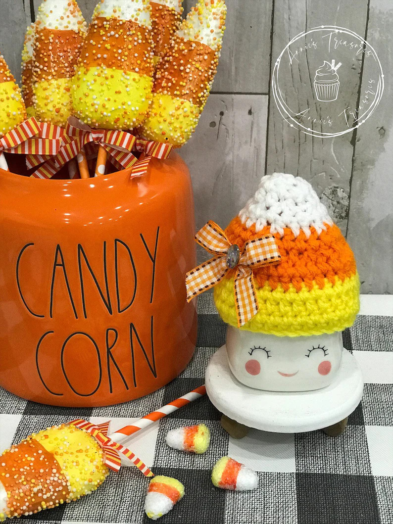 Candy Corn Marshmallow Hat | Candy Corn Tiered Stand Decor | Rae Dunn Mug Decor | Crochet Marshma... | Etsy (US)