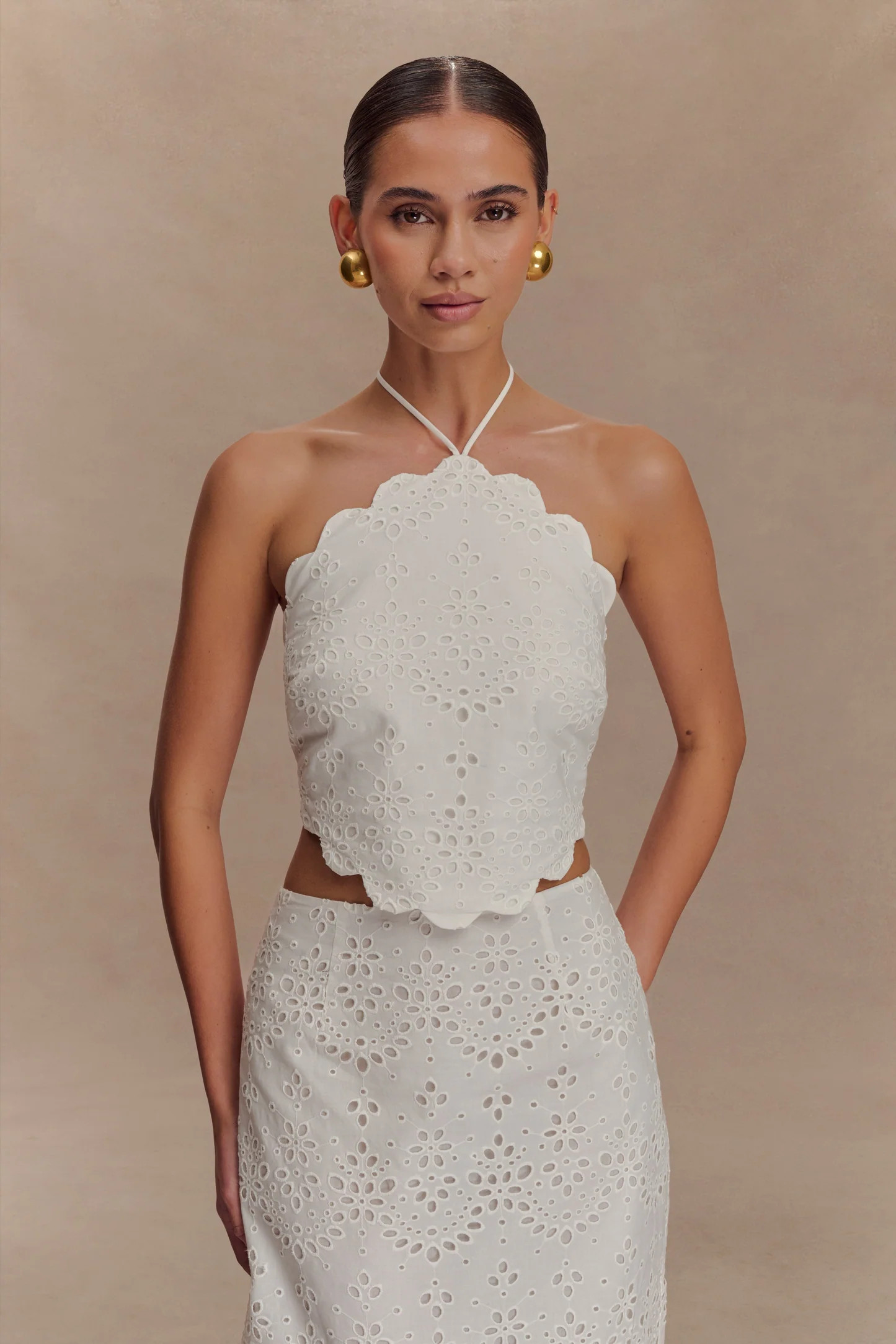 Kensley Broderie Halter Top - White | MESHKI US