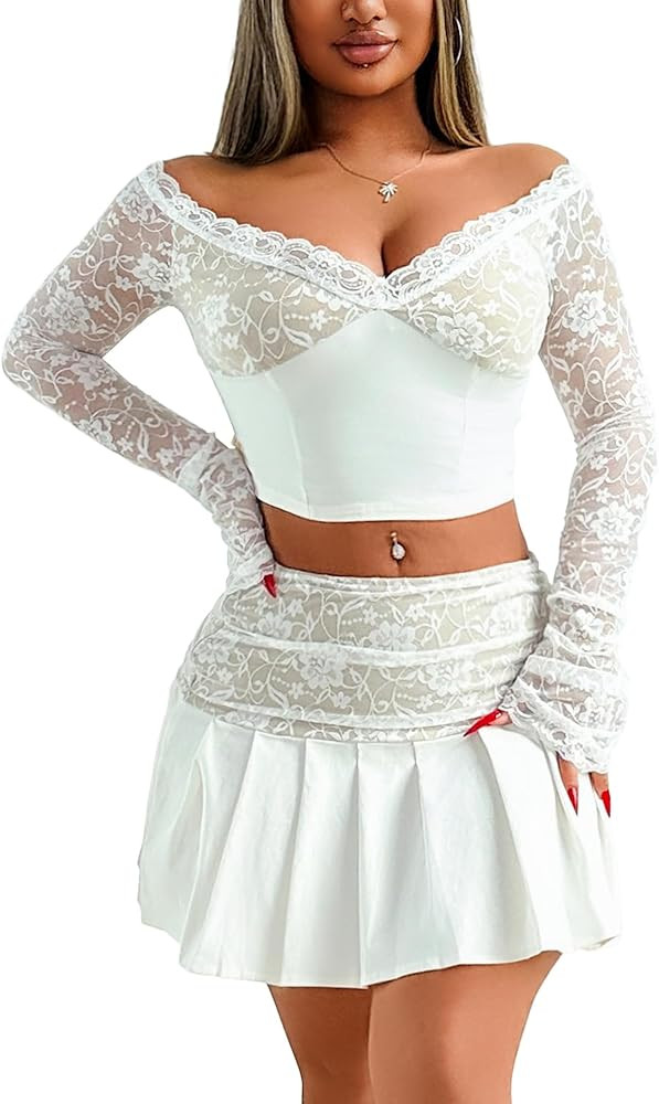 2 Piece Sets for Women Going Out Sexy Two Piece Skirt Set Going Out Sets for Women Lace Skirt Set... | Amazon (US)