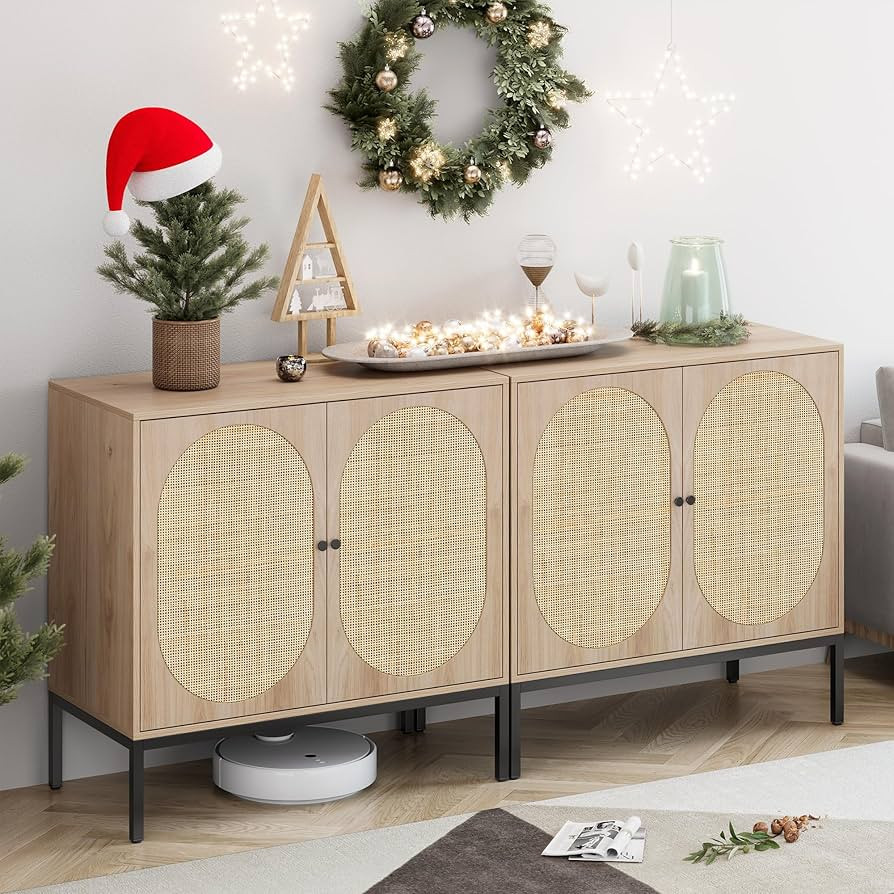 XIAO WEI Set of 2 Buffet Sideboard with Handmade Natural Rattan Doors, Rattan Cabinet Storage Cab... | Amazon (US)