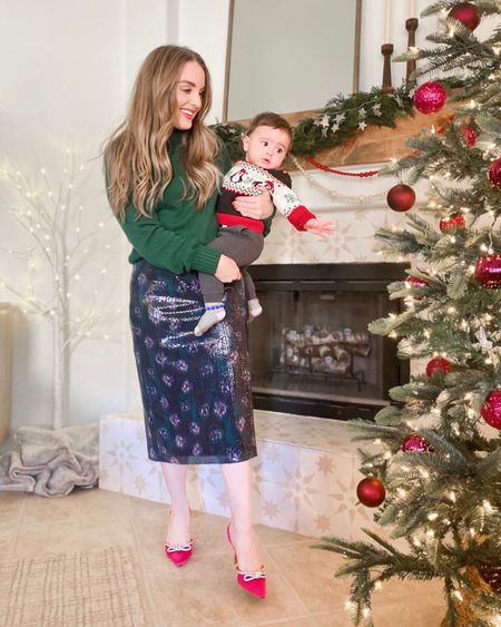 What we’d wear to… a Christmas party 
Christmas outfit. Sequin skirt. Pink heels. Toddler boy Christmas outfit.

Wearing normal small in everything.

#walmartfashion #walmartpartner @walmart 

#LTKHoliday #LTKfamily #LTKCyberweek