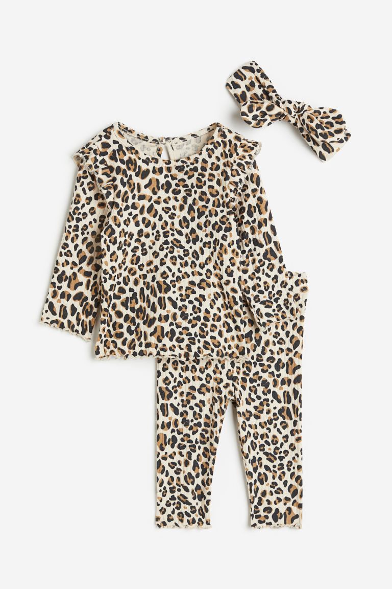 3-piece Ribbed Set - Light beige/leopard print - Kids | H&M US | H&M (US)