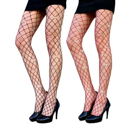 2-Pack Rhinestone Fish Net Sparkle Tights Glitter Black and Red Fishnet Stockings Small to Plus Size Leggings Shiny Mesh Pantyhose | Walmart (US)