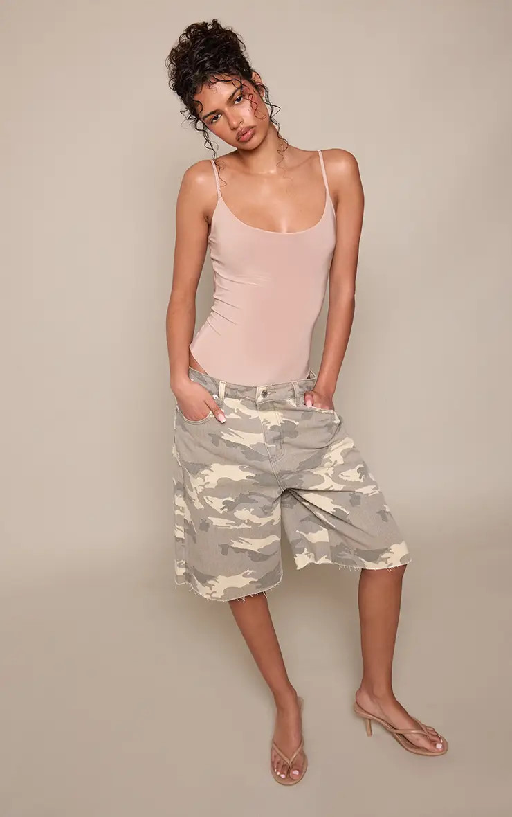 Khaki Camo Print Low Rise Longline Denim Jorts | PrettyLittleThing UK