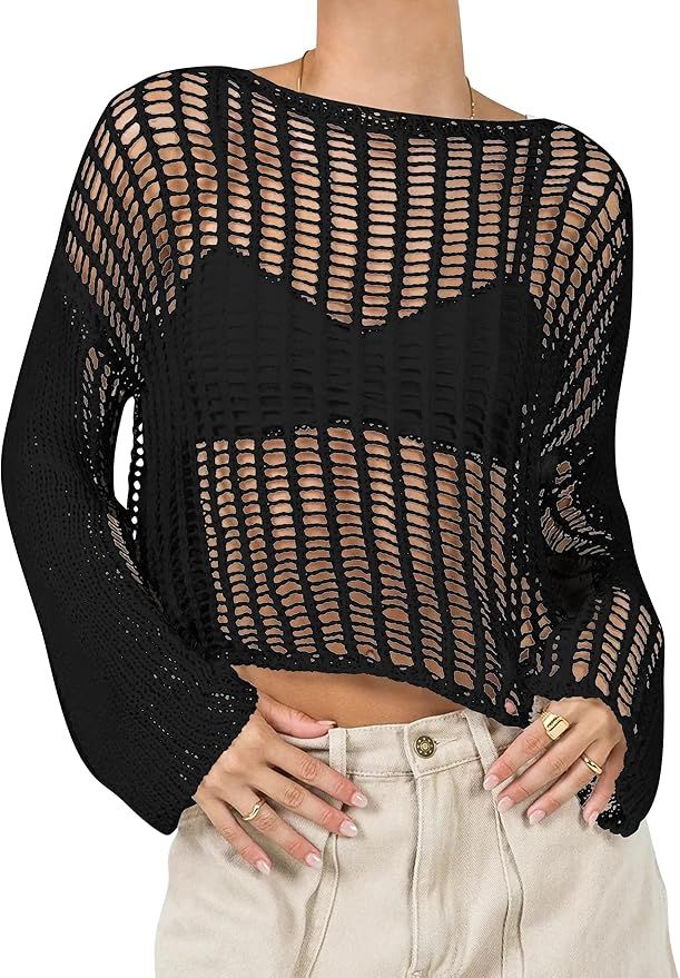 SAFRISIOR Women Hollow Out Crochet Knit Crop Top See Through Long Sleeve Fishnet Crop Shirt Sexy ... | Amazon (US)