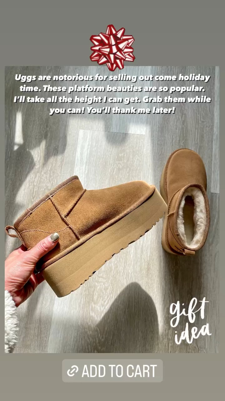 Uggs are notorious for selling out come holiday time. These platform beauties are so popular. I’ll take all the height I can get. Grab them while you can! You’ll thank me later!  Would make a cozy holiday gift for her  

Ugg, platform ugg, gift guide, gift ideas, gift ideas for her, gift guide, The Stylizt 



#LTKShoeCrush #LTKHoliday #LTKGiftGuide