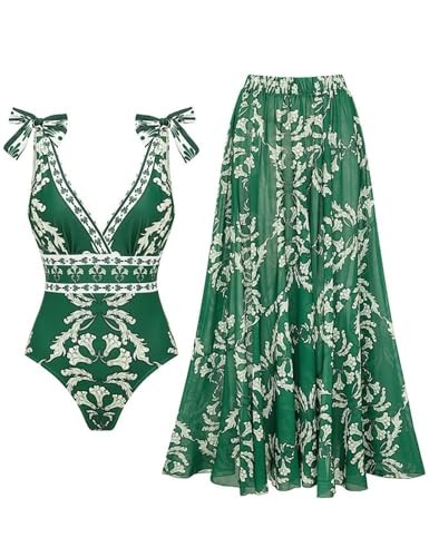 FLAXMAKER Blue and White V Neck Lace Up Strip Plant Prints One Piece Swimsuit and Skirt/Sarong | Amazon (US)