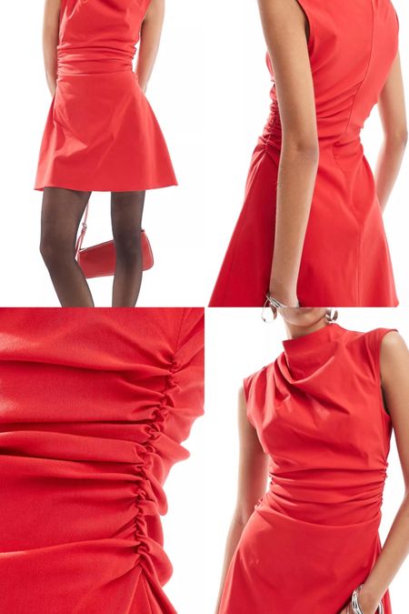 Red dress. Bengaline high neck sleeveless mini dress with ruching detail in red. Summer, spring, date night out, brunch outfit . 
Affordable fashion.  Wardrobe staple. Timeless. Gift guide idea for her. Luxury, elegant, clean aesthetic, chic look, feminine fashion, trendy look, workwear, office.  Asos outfit idea. 


#LTKGiftGuide #LTKparties #LTKworkwear