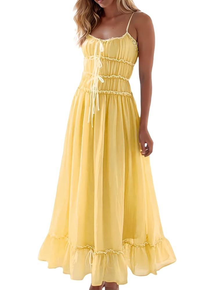 Women Summer Maxi Dress Spaghetti Strap Y2k Cute Ruffle Tiered Wedding Guest Flowy Dress Vacation... | Amazon (US)