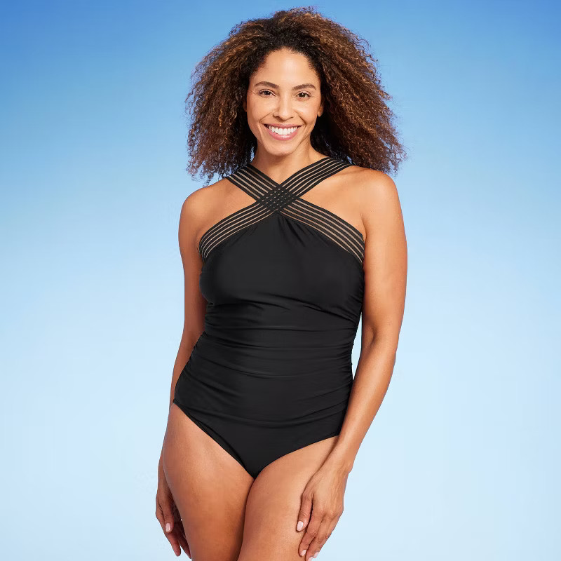 Women's Crossover Neck Detail One Piece Swimsuit - Aqua Green® | Target