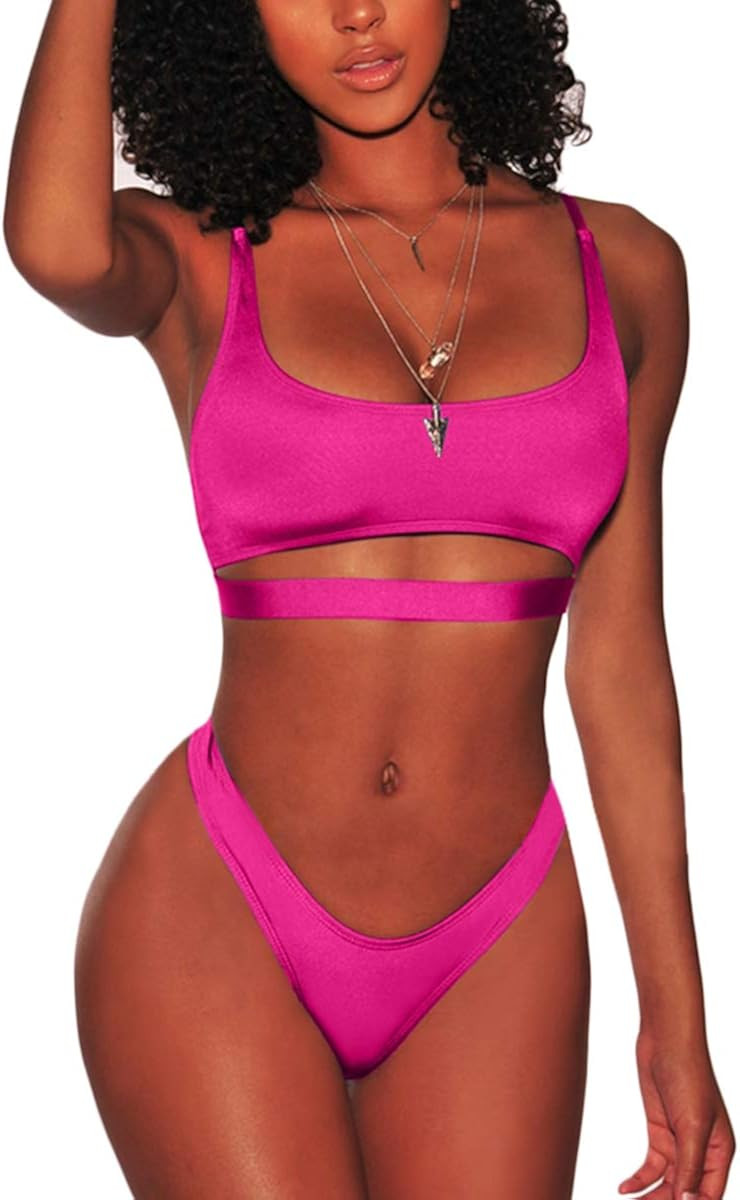 FAFOFA Womens Sexy Scoop Neck Straps Cutout High Cut Thong 2PCS Bikini Sets Swimsuit | Amazon (US)