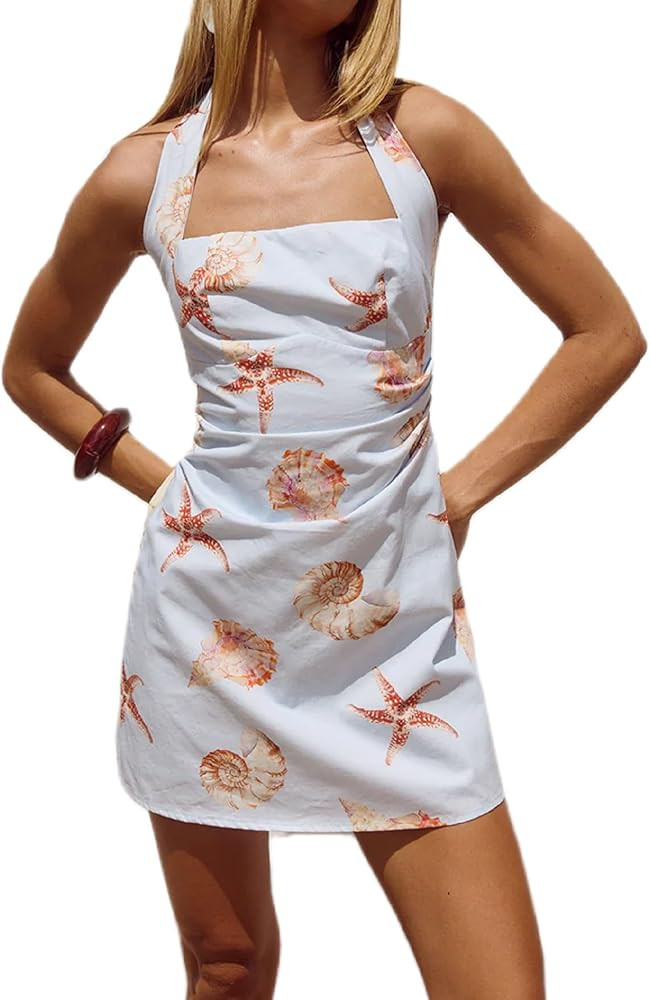 Women Boho Graphic Mini Dress Spaghetti Strap A Line Dress Graffiti Halter Dresses Colorful Summe... | Amazon (US)