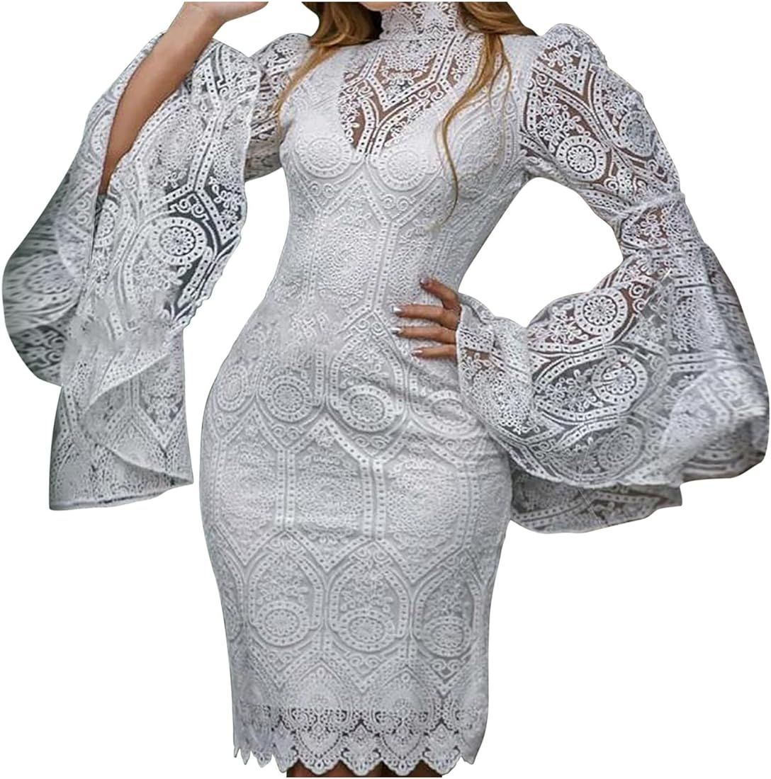 Women's Lace Embroidered Dresses Bell Sleeve Floral Bodycon Dress Scalloped Trim High Neck Fitted Pe | Amazon (US)