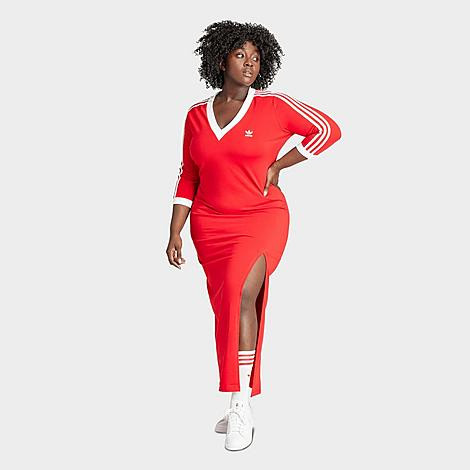 adidas Women's Originals adicolor Classics 3-Stripes V-Neck Maxi Dress (Plus Size) in Better Scarlet Size: 3X | Finish Line (US)