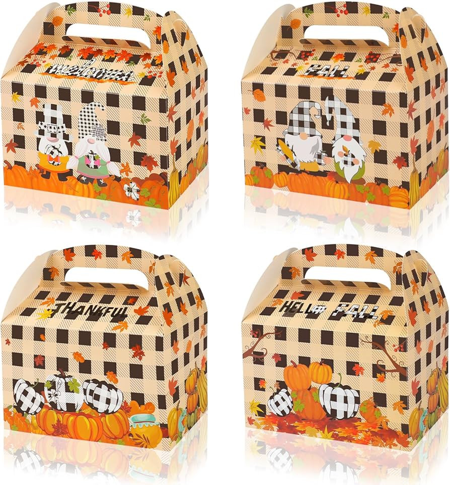 Konsait Fall Treat Boxes, 12 Pack Kraft Paper Fall Thanksgiving Cookie Boxes, Plaid Gnomes Pumpki... | Amazon (US)