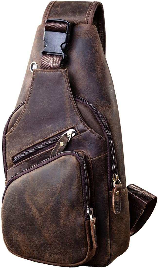 Men's Genuine Leather Chest Bag Shoulder Bag Sport Outdoor Messenger Bag Hiking Backpacks, 0 brow... | Amazon (DE)