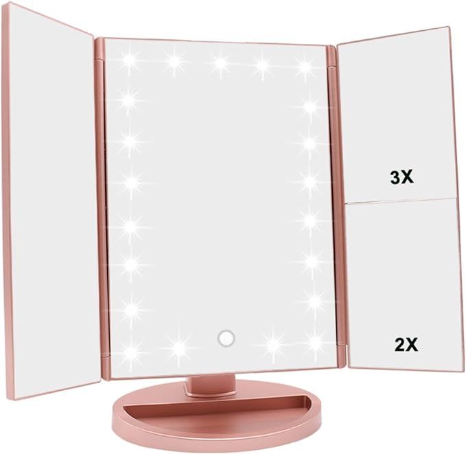 WEILY Tri-fold Vanity Mirror, 21 LEDs and 2X/3X Magnification, Touch Switch for Adjusting Brightn... | Amazon (UK)