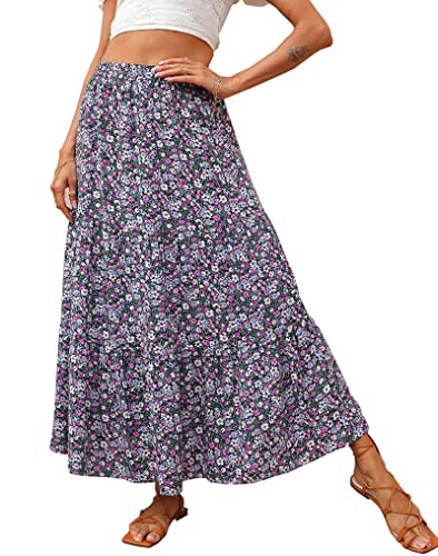 KIRUNDO Women's 2025 Fall High Waist Boho Floral Maxi Skirt Trendy Casual Flowy Swing Pleated A Line Beach Long Skirts(Black Purple, Small) | Amazon (US)