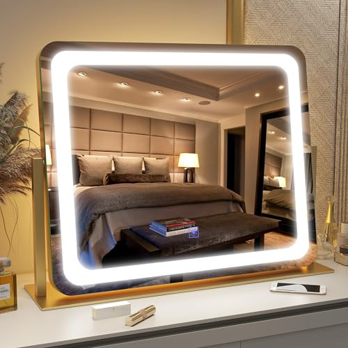 FENNIO Gold Vanity Mirror with Lights 22"x19", LED Lighted Makeup Mirror, Large Makeup Mirror, Make up Mirror with Lighting,Touch Screen with 3-Color Lighting,Dimmable,for Vanity Desk Tabletop | Amazon (US)