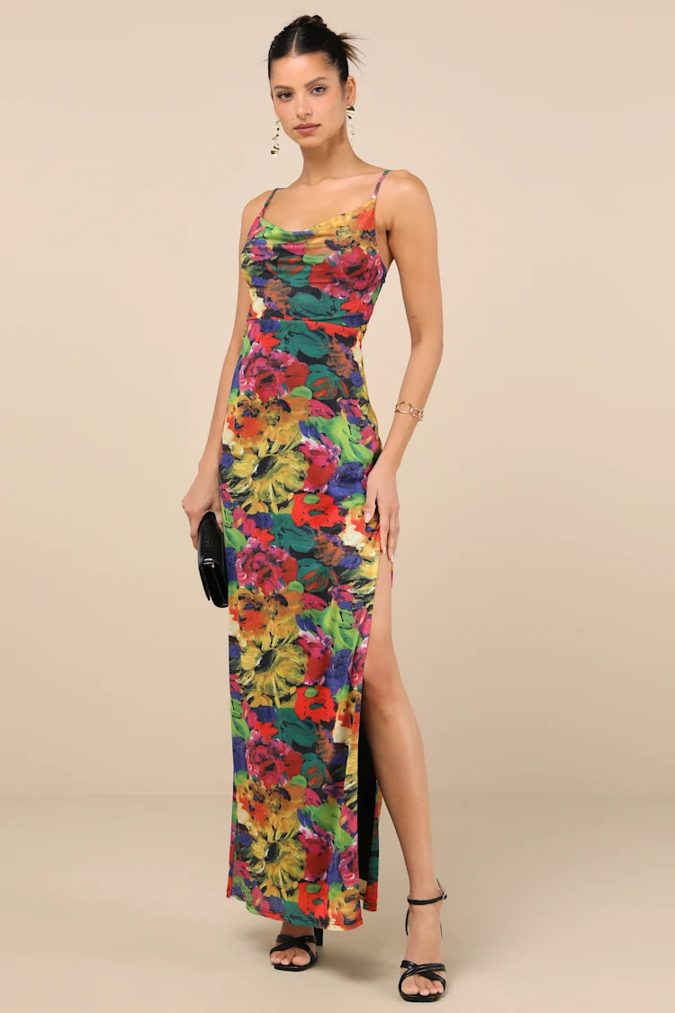 Sunniva Black Multi Print Mesh Cowl Maxi Dress | Lulus