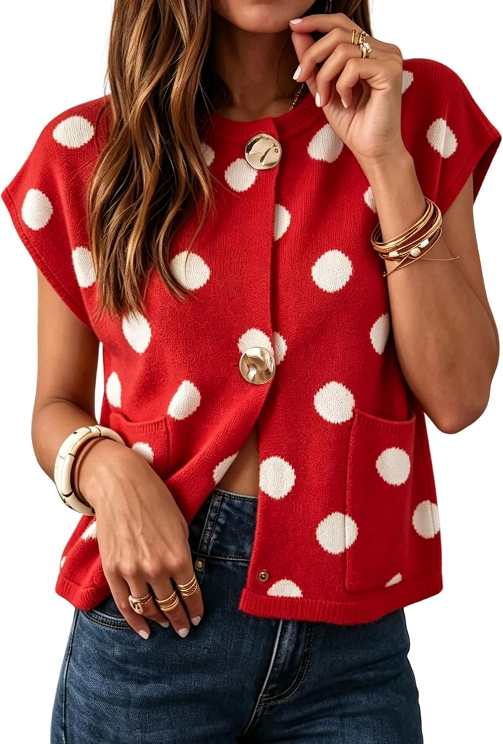 MINSURE Women Cap Sleeve Polka Dot Cropped Knit Cardigan Sweater | Amazon (US)