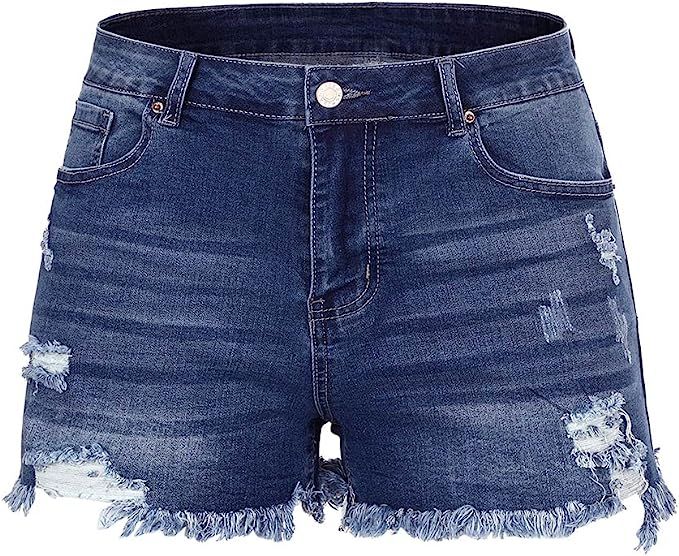 THUNDER STAR Women Mid Rise Ripped Stretchy Jeans Shorts Frayed Raw Hem Casual Denim Shorts | Amazon (US)