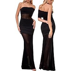 Off The Shoulder Mesh Long Formal Wedding Guest Dress Summer Patchwork Cocktail Party Maxi Dresse... | Amazon (US)